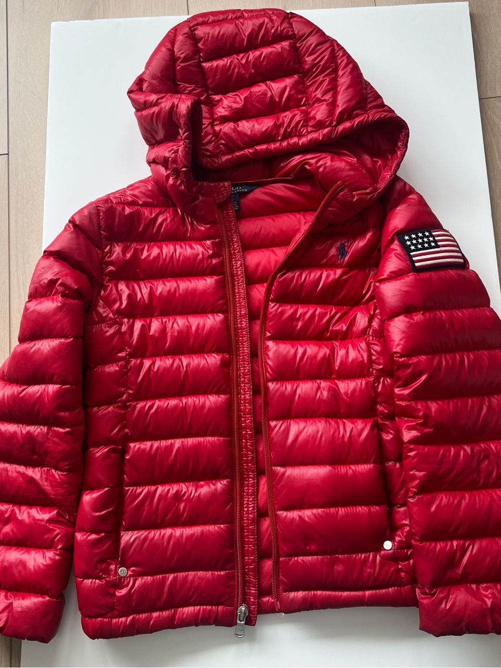 Polo Ralph Lauren red packable ultra light down jacket with hood